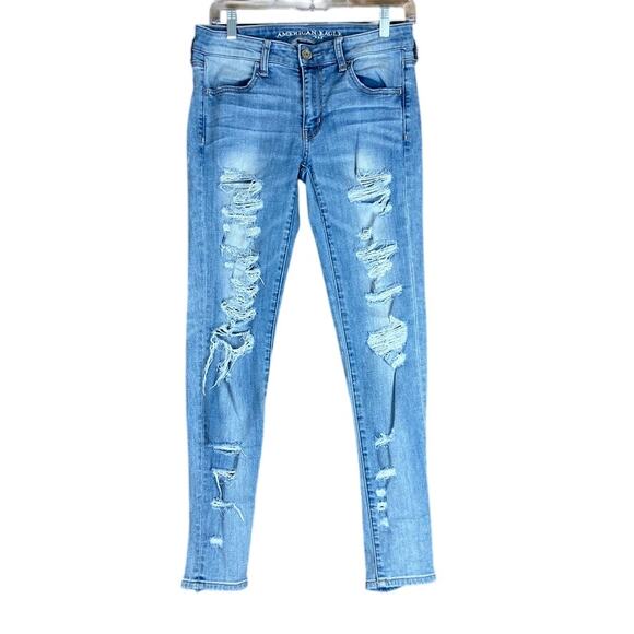 American Eagle Womens Jeans Blue Denim Mid Rise Jegging Distressed Stretch 6 - Picture 1 of 12